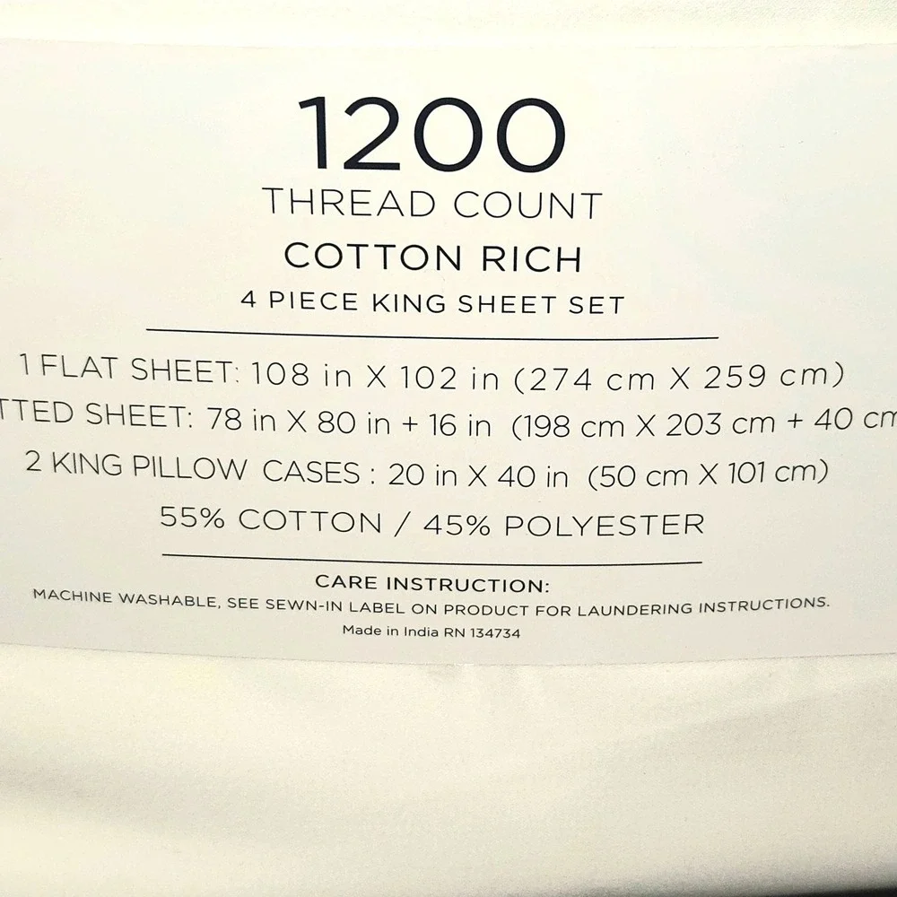 Color Sense Sheet Set King White 1200TC Cotton Rich 4pc True Grip Deep Pocket